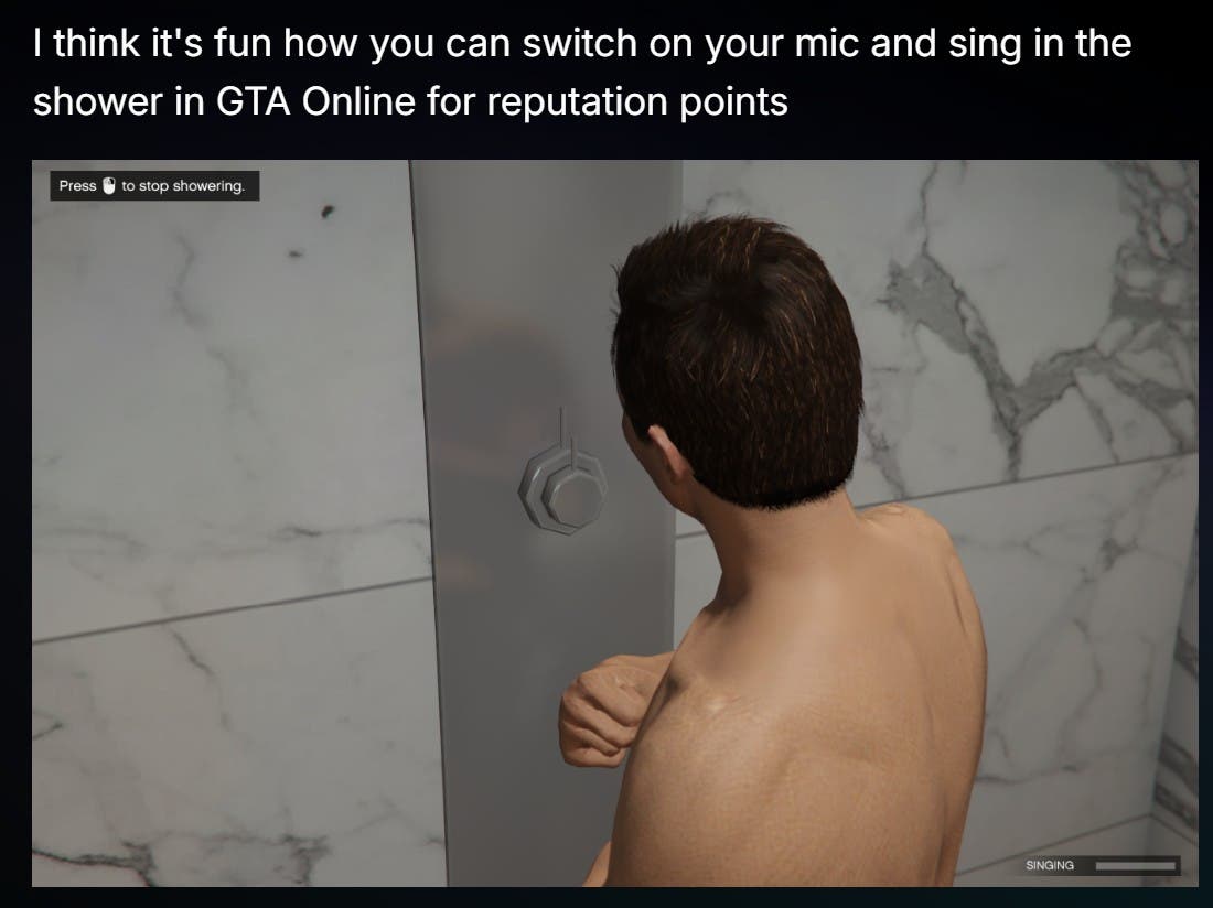 A guy standing in the shower in GTA Online